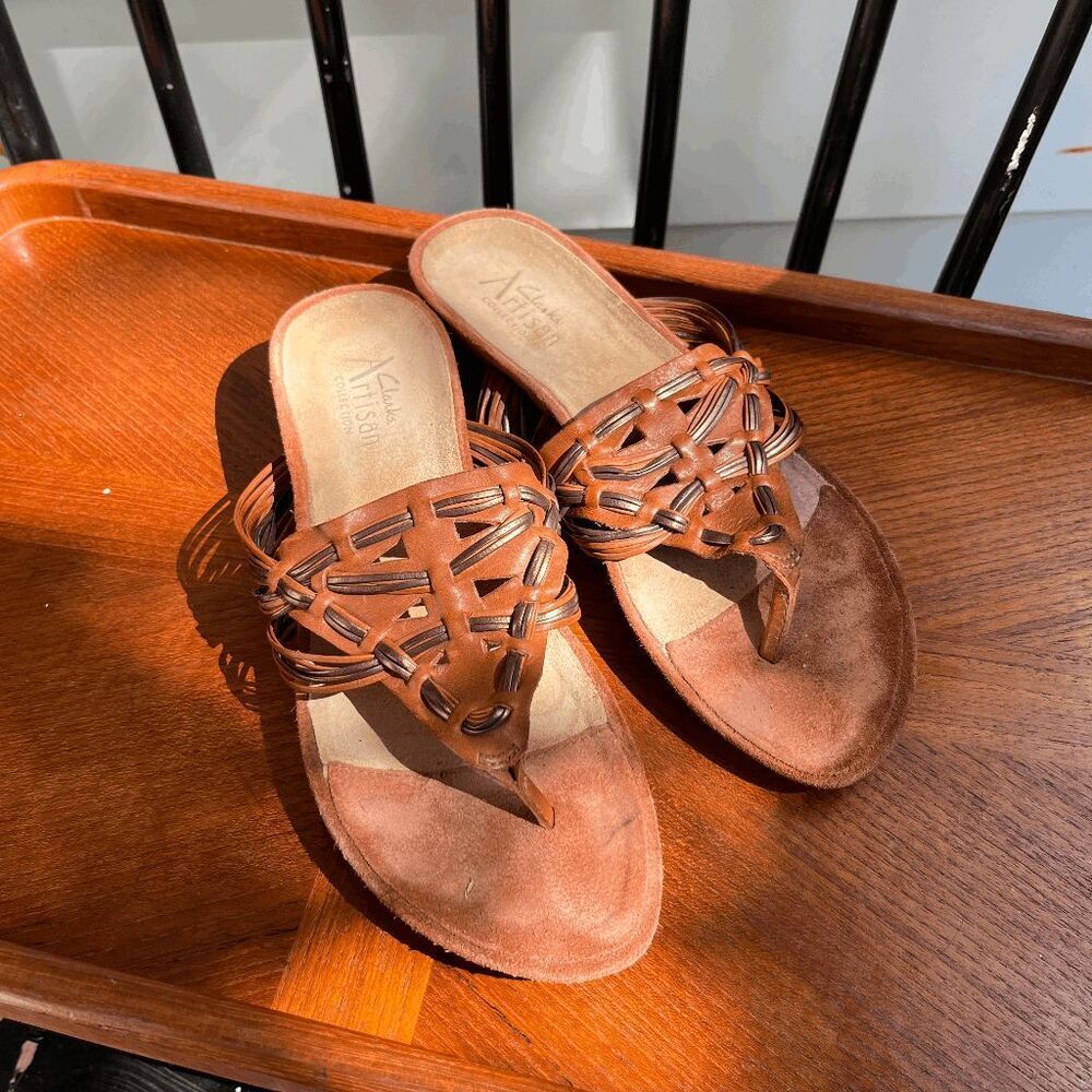 Clarks Artisan Woven Leather Sandals Brown Boho Slide Resort Travel Shoes 8.5